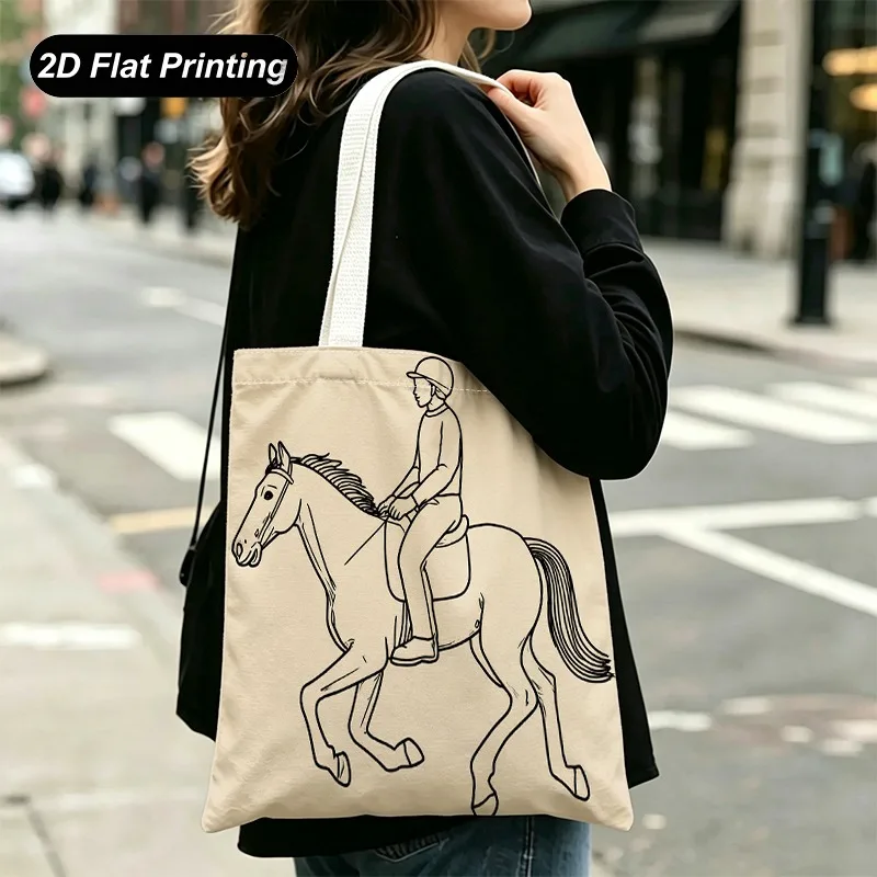 2DNew Large-capacity Tote Bag With Flat Design，Simplified Drawing Design Of A Horseback Rider，Suitable Daily Co