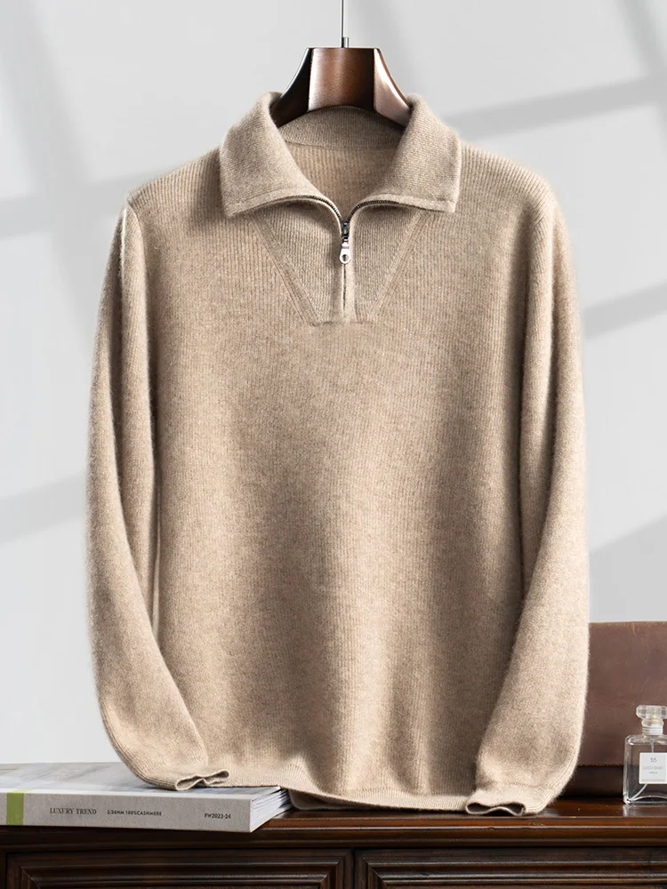 High Quality Men 100% Cashmere Sweater Turn Down Collar Zippers Pullover Autumn Winter Thick Soft Warm Cashmere Knitwear Tops