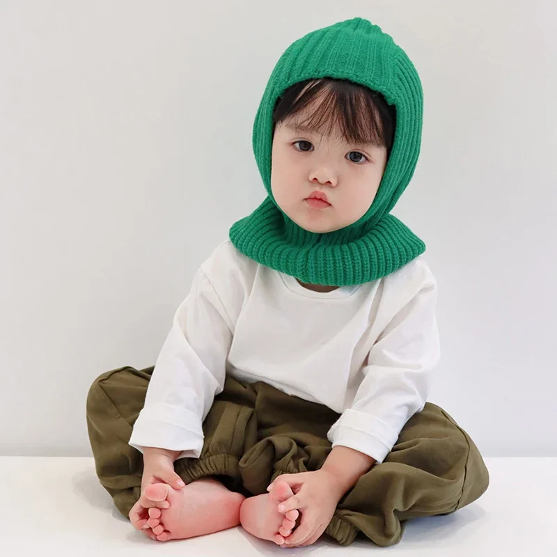 Winter Kids Balaclava Hat Solid Color Knitted Warm Hooded Scarf Boys Girls Outdoor Children Ear Protection Cap Ski Beanie