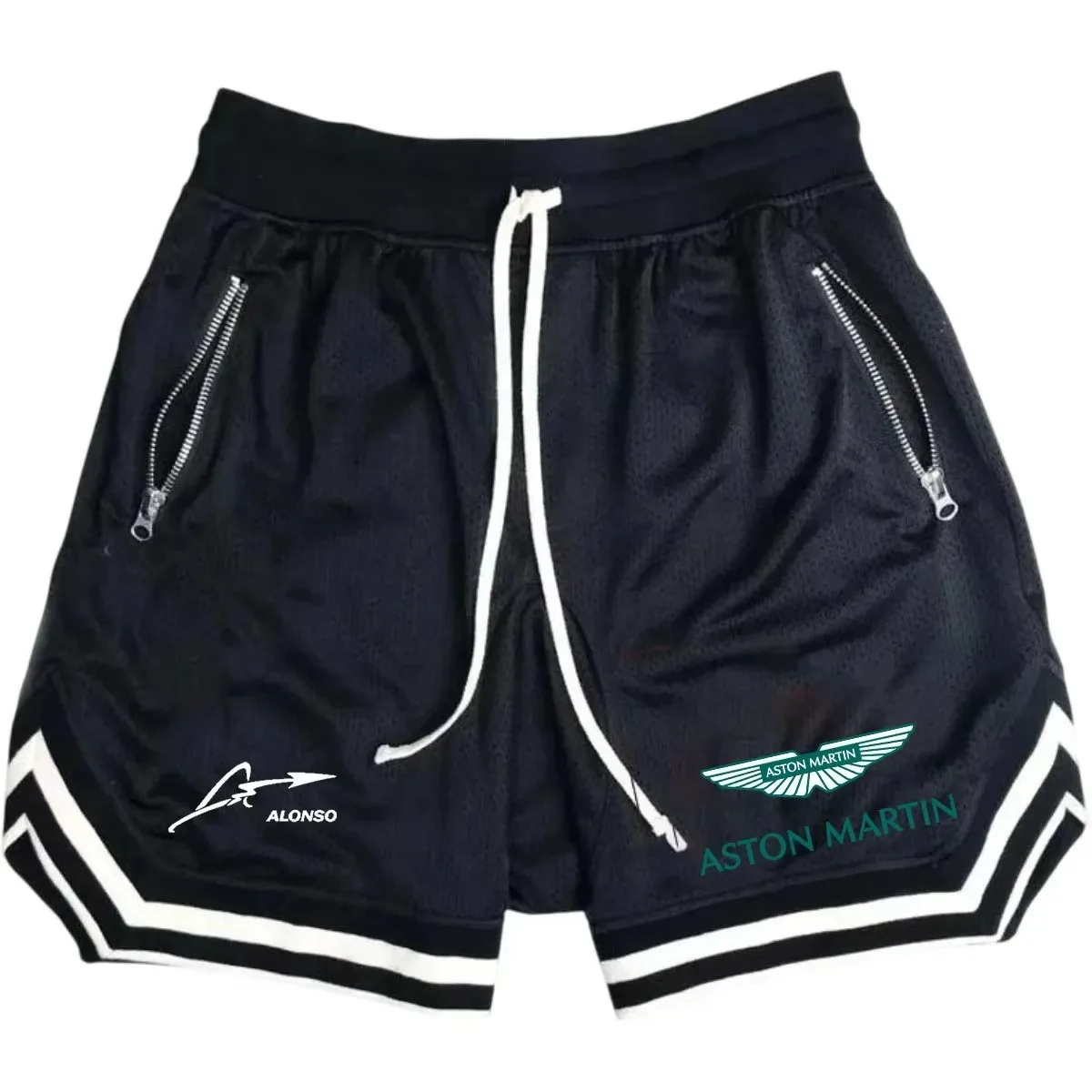 Men's Aston Martin Alonso Printed Mesh Basketball Shorts Breathable Elastic Waist Drawstring Sport Shorts with Zipper Pockets fo