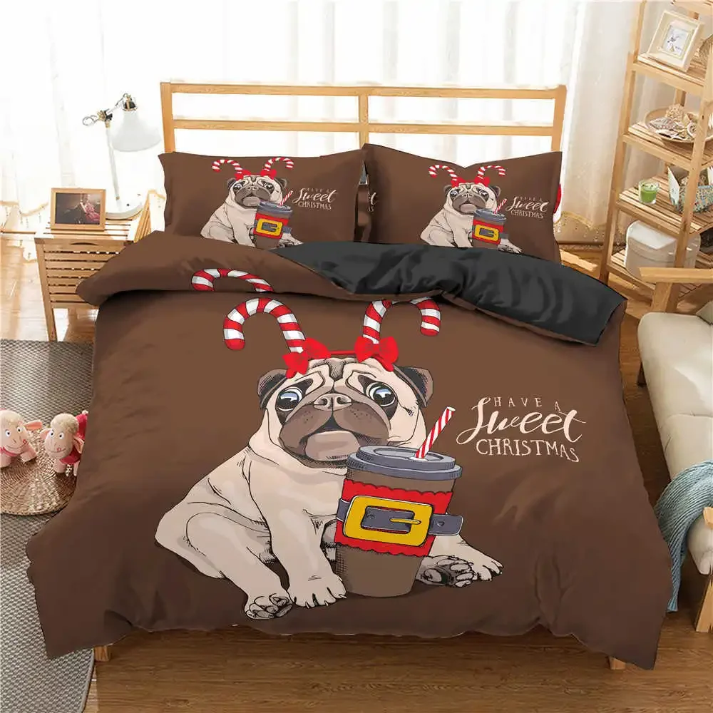 Pug Duvet Cover Set Pet Dog with Flower Bedding Set Animal Theme for Kids Teens Boy Cute Pug Dog King Size Polyester Quilt Cover