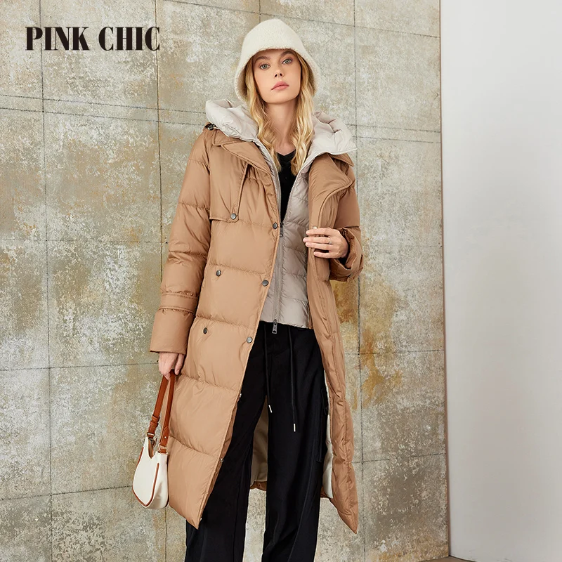 

PINK CHIC 2023 Winter Coat Women Down Jackets Fashion Classic Warm Hooded Long Women's Fake Two-garment Parka Female W8265