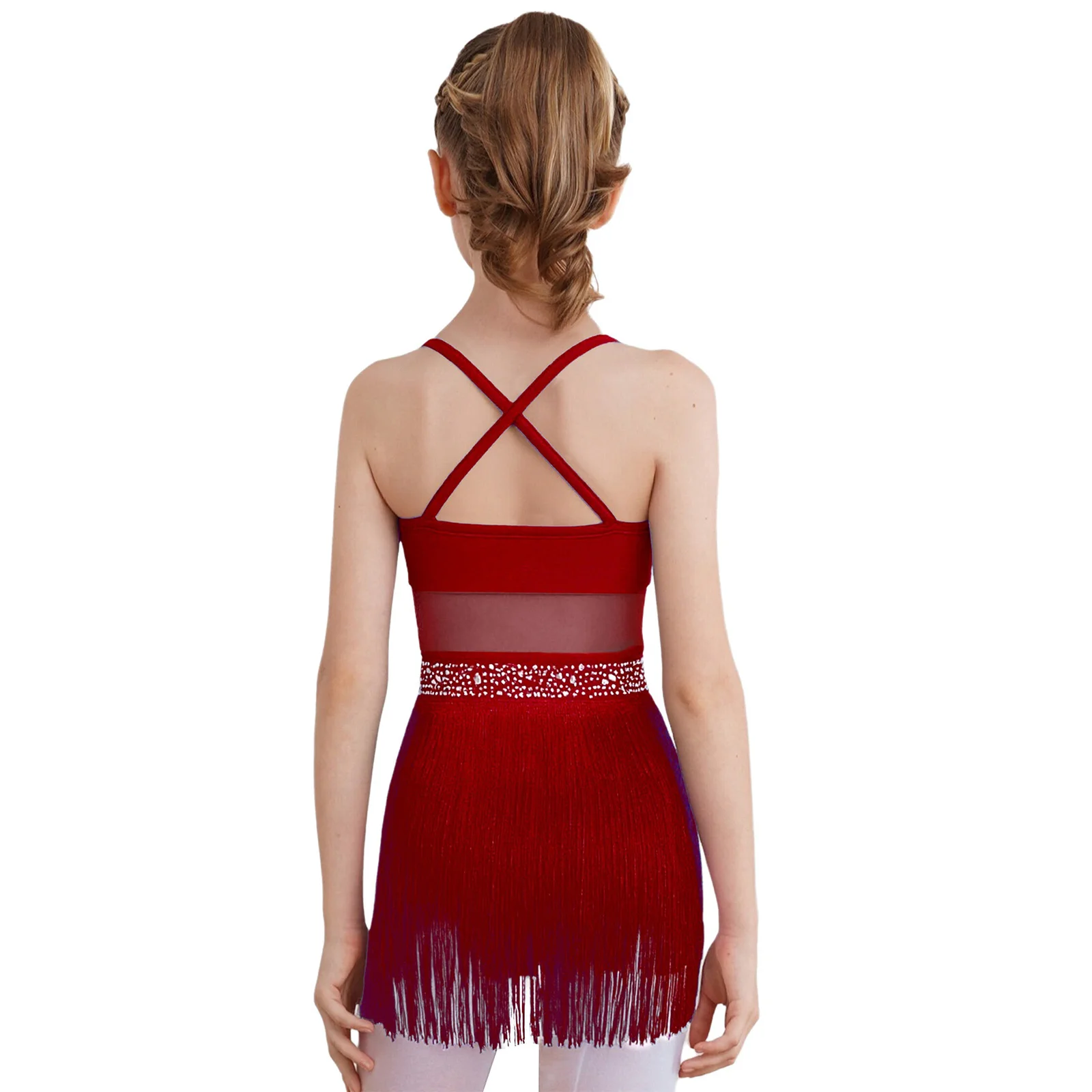 Kids Girls Rhinestones Latin Tango Dance Leotard Dress Sheer Mesh Tiered Tassel Fringe One Piece Bodysuit Dress Jazz Dancewear