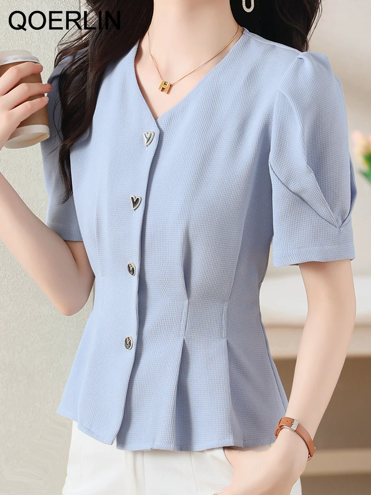 QOERLIN Single-Breasted V Neck Short Sleeve White Shirts Women Elegant Office Ladies Slim Waist Workwear Chiffon Blouse S-XXL