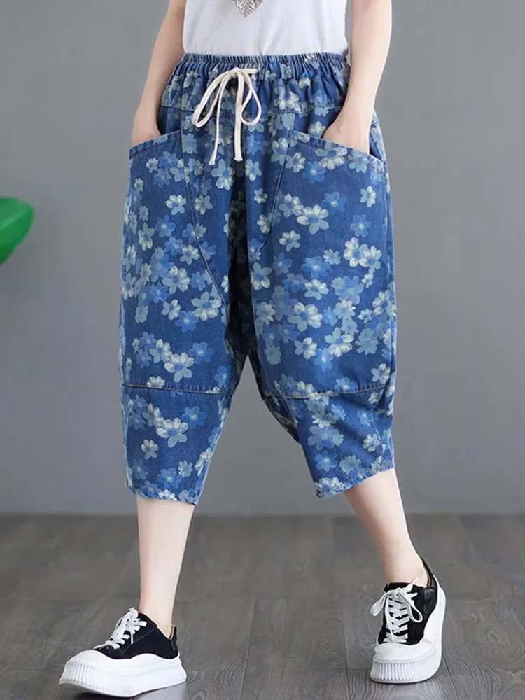 High Waist Calf-length Denim Pants Women New Arrival 2024 Summer Vintage Style Floral Print All-match Female Casual Jeans Z562