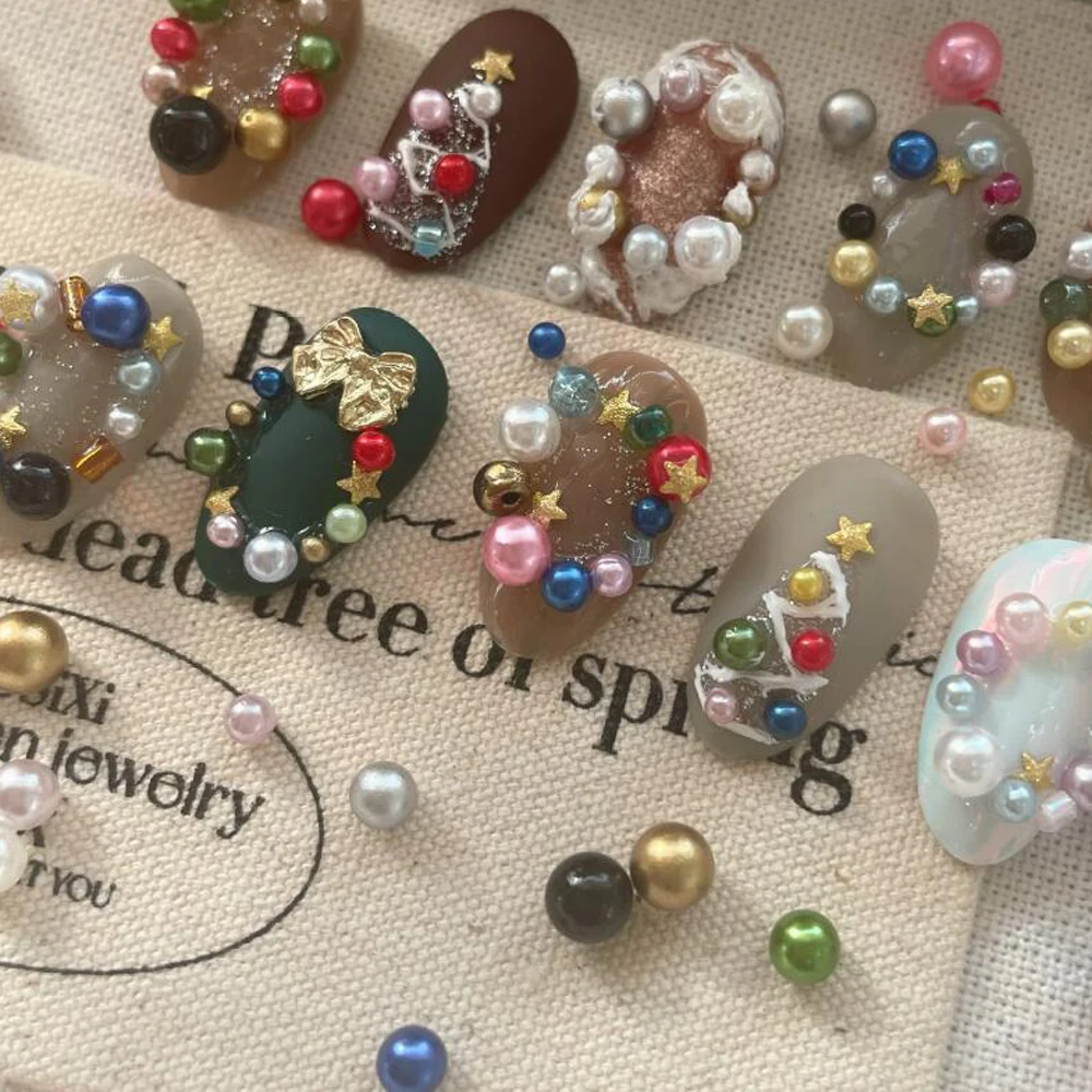 12 Siatek Mieszane Rozmiary Perłowe Kolorowe Koraliki Nali Charms Świąteczne Czerwone/Zielone Perły Cyrkonie do Paznokci Świąteczny Manicure Biżuteria A