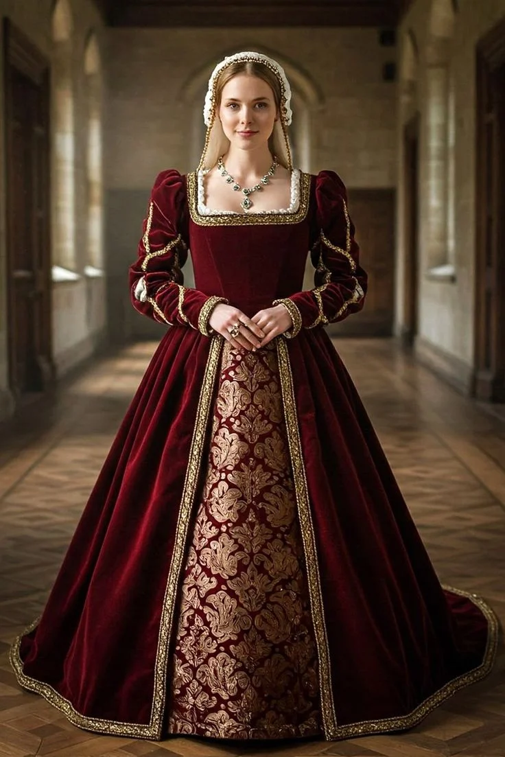 Medieval Royal Renaissance Tudor Queen Elizabeth Burgundy Prom Dress Cosplay Anne Boleyn Velvet Dress Halloween Outfits