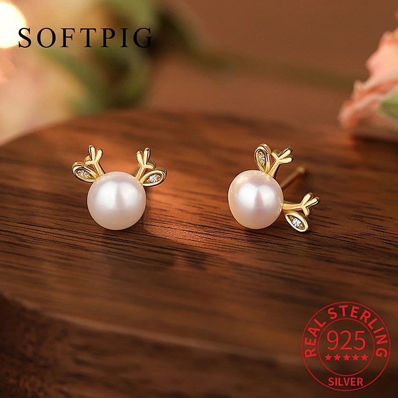 SOFTPIG Real 925 Sterling Silver Pearl 10*8.5mm Deer Stud Earrings for Charm Women Cute Fine Jewelry Animal Accessories