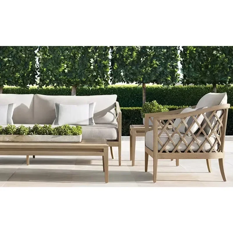 Customizable outdoor sofa set, leisure villa courtyard furniture 2 3-seat sofa weathered solid wood teak garden set