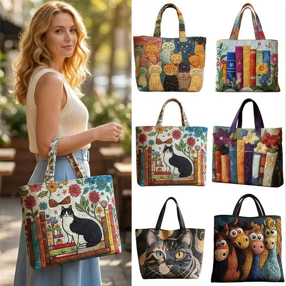 

Vintage Women Quilted Tote Bag Lightweight Cotton Canvas Shoulder Bag Large Capacity 3D Printed Patterns Travel Handbag