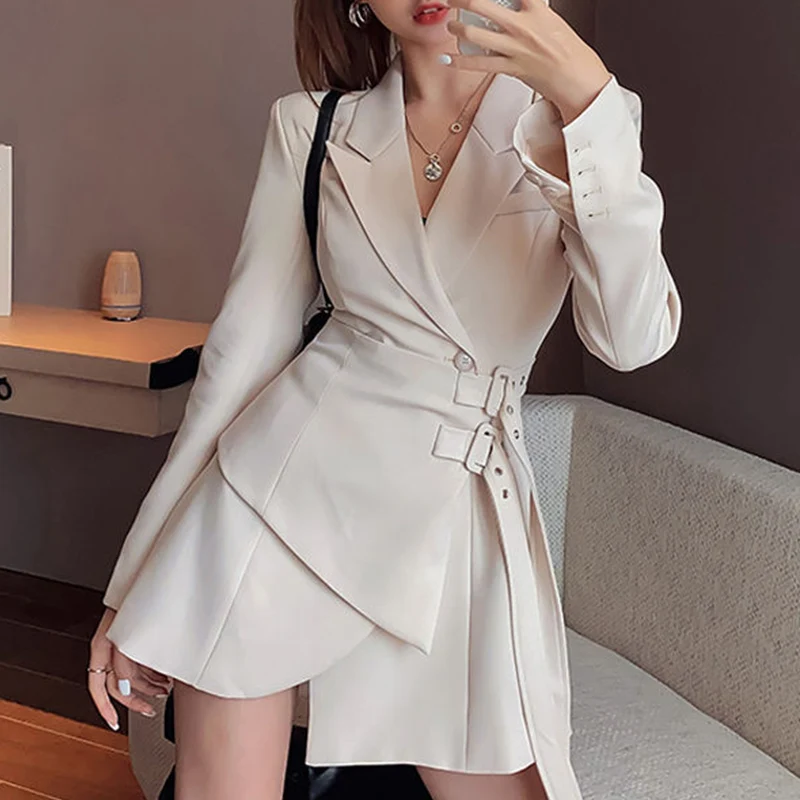 Korean Edition Black Mini Party Suit Dress Women\'s One Piece Office Elegant Dress Fashion Belt Design Long Sleeve Dress