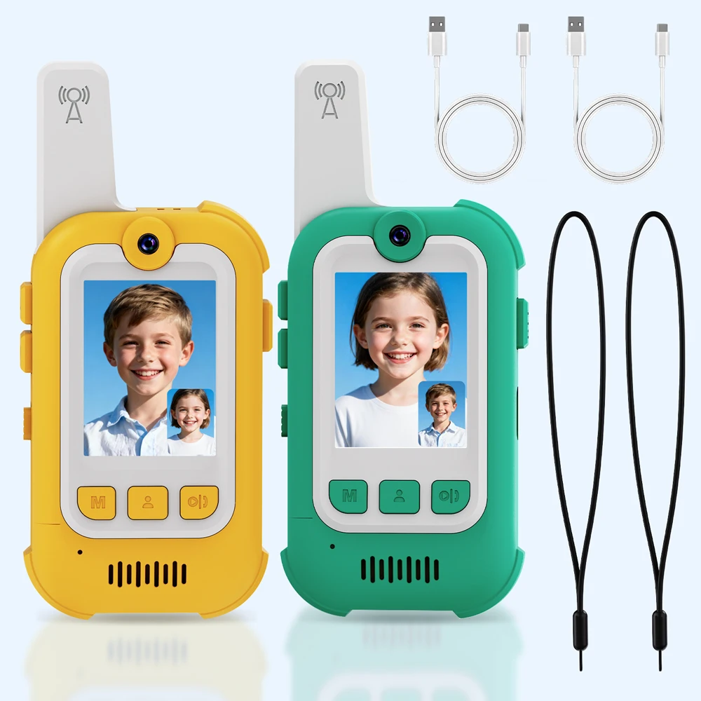 أجهزة اتصال لاسلكية بالفيديو للأطفال - عبوتان من أجهزة اتصال داخلي عبر الفيديو قابلة لإعادة الشحن للأطفال مع مغير صوتي، نطاق طويل 1000 قدم