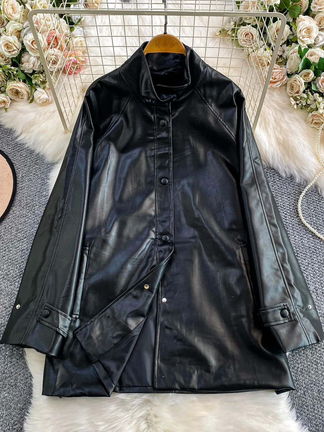 

Cool Retro Biker Jaet Women's Autumn Winter High Waist Belted Mid-Length Leather Coat Korean Sle Long Sve Windproof