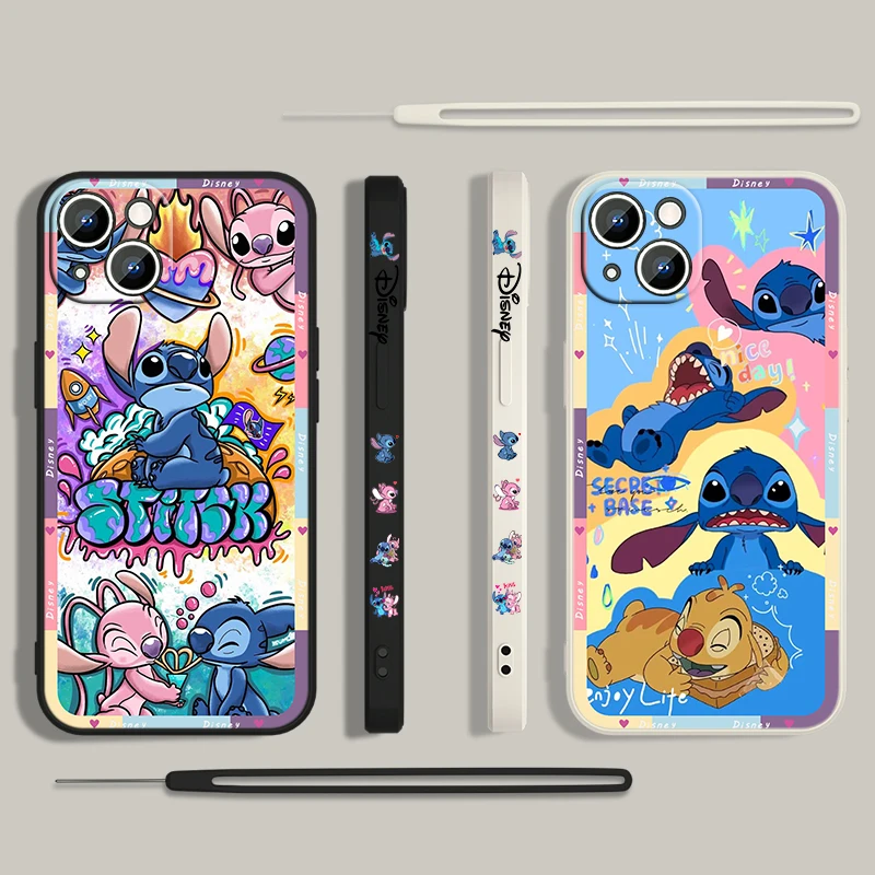 Disney Cute Lilo & Stitch For Apple iPhone 15 14 13 12 11 Pro Max Plus 8 7 SE Liquid Left Rope Phone Case Capa Soft Cover