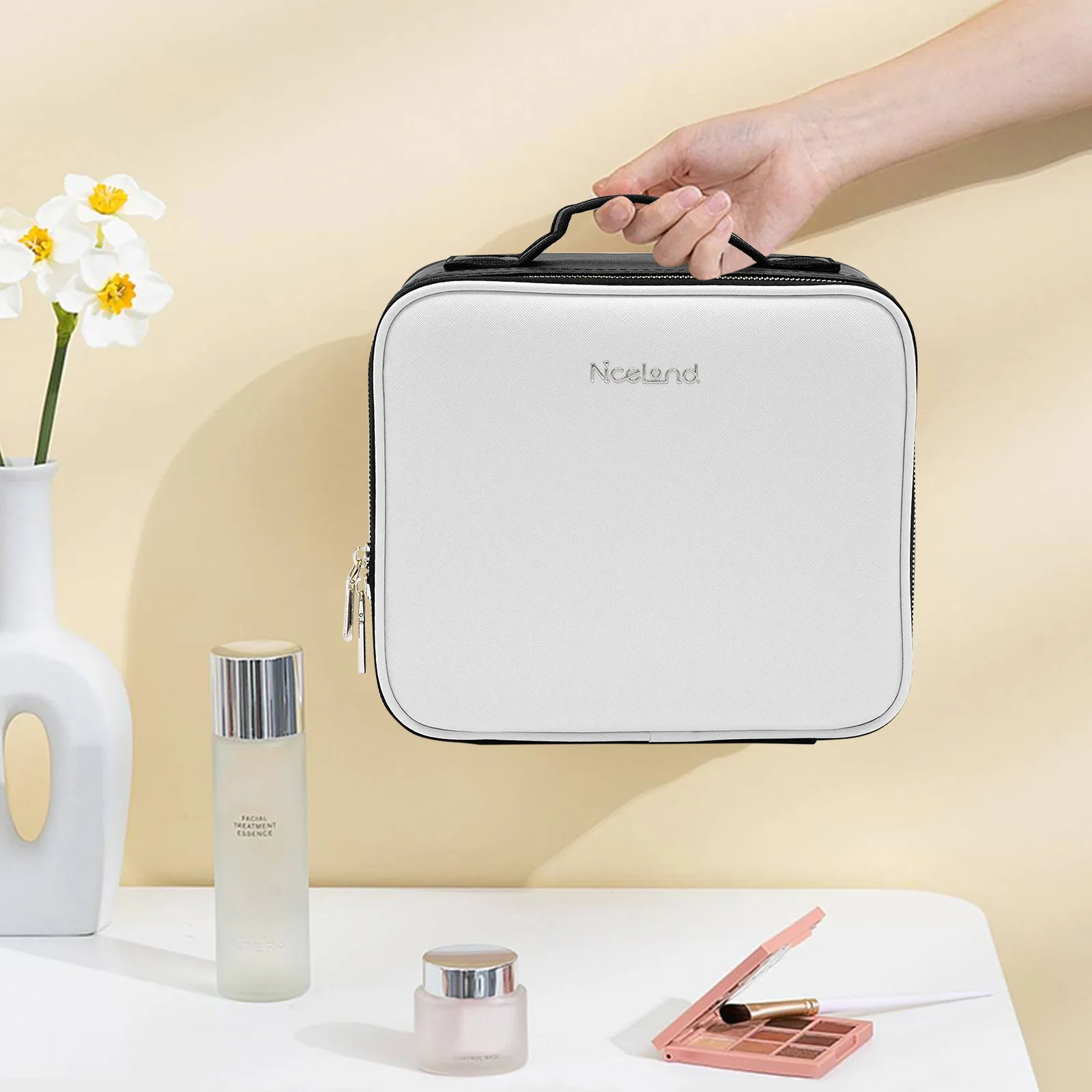 

Дорожная косметичка Чехол для макияжа со светодиодным зеркалом и регулируемым отделением Регулируемая яркость Органайзер для косметики Белый/Розовый