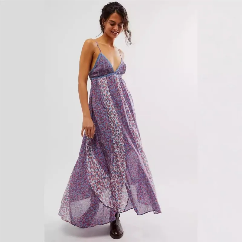 

Floral Printed Long Dresses Summer 2025 Fashion Elegant Deep V Neck Sleeveless Spaghetti Strap Beach Party Low Cut Vestidos