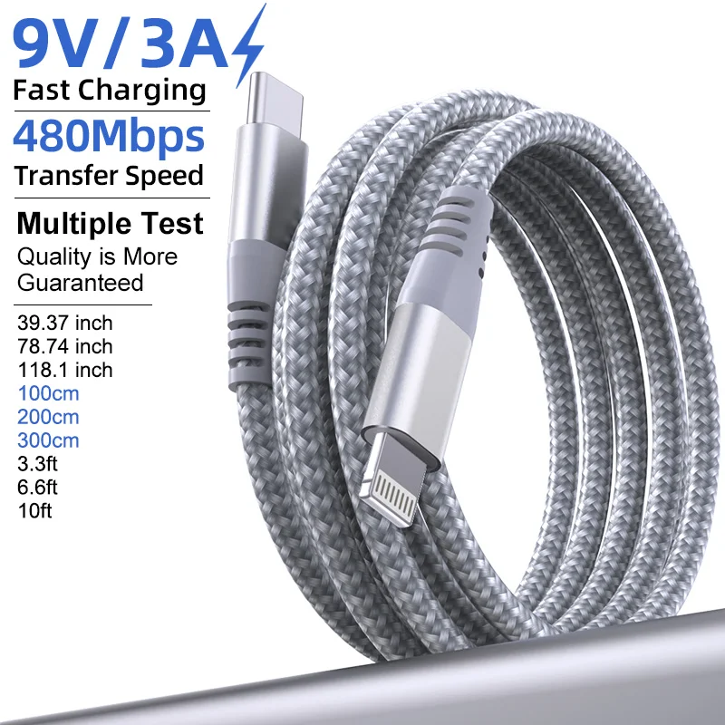 Câble de charge rapide certifié MFi USB C vers Lightning, durable, en nylon tressé, haute vitesse, 1M 2M 3M pour iPhone 14 13