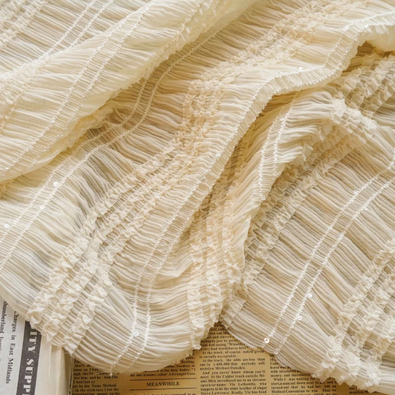 Tessuto chiffon elasticizzato pieghettato a righe in 6 colori, pizzo chiffon ricamato con paillettes increspate per abito da ragazza, matrimonio, abito estivo