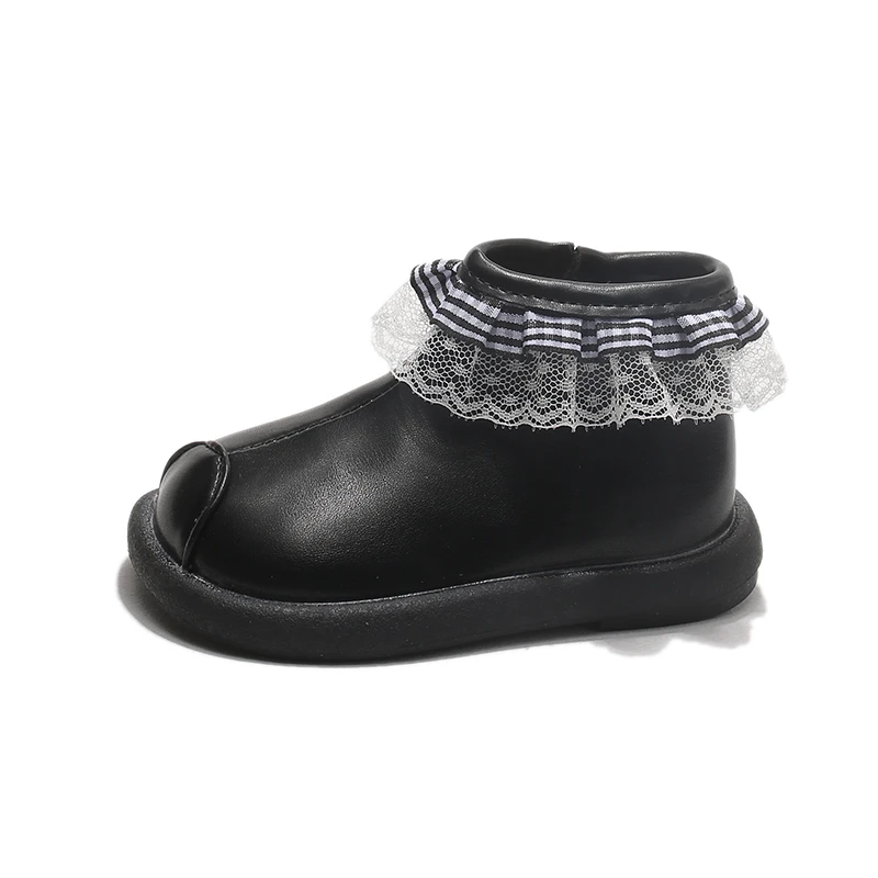 Girls Retro Ankle Boots, Plaid Lace Ruffle Trim Soft Faux Leather Boots, Zipper Princess Short Rubber Sole Kids Autumn Winter