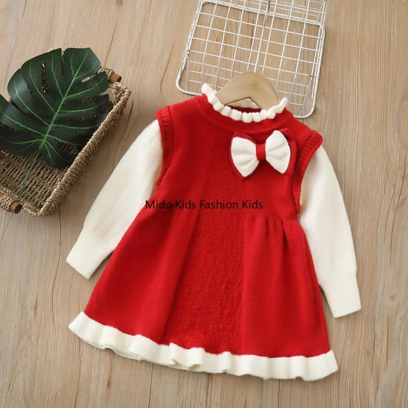 Girls' Long-Sleeved Knitted Dress 2025 Autumn/Winter New Year Collection Bow-Tie Christmas Dress Children's Wear Dress