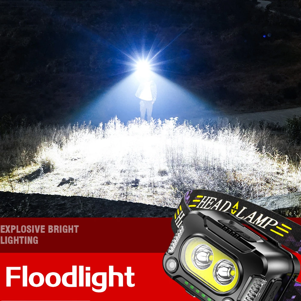 COB LED Headlamp Sensor Headlight with Built-in Battery Flashlight USB Rechargeable Head Lamp Torch 6 Lighting Modes Work Light