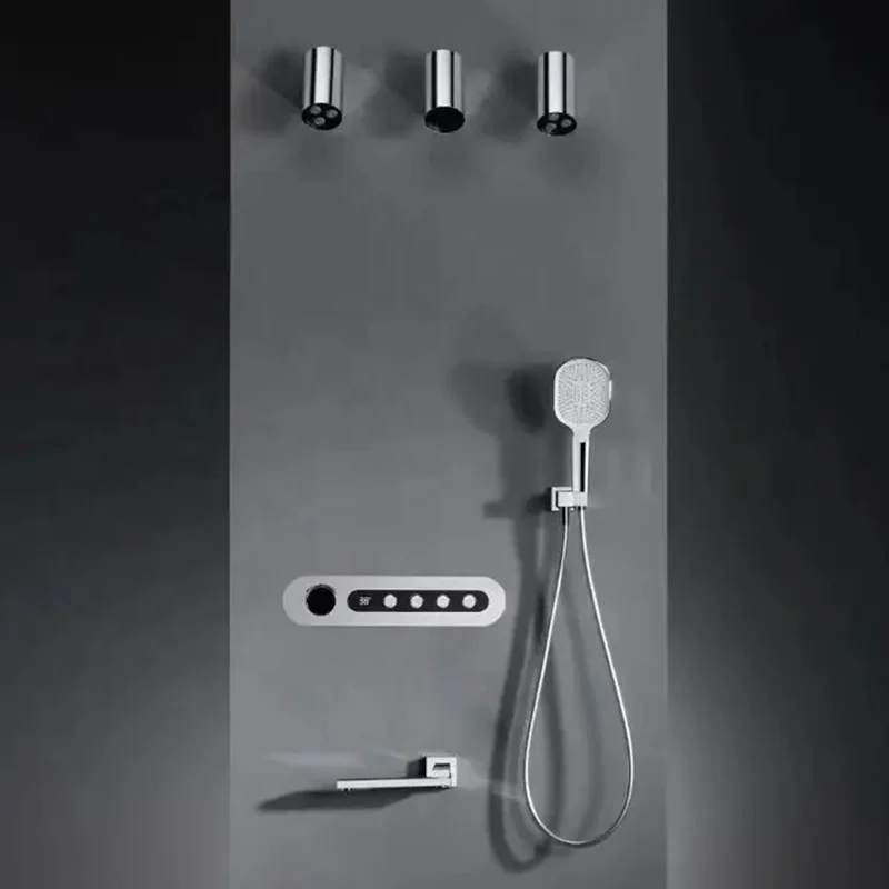 4-Function Thermostatic Shower Set Concealed Wall Mounted Brass Control Rain Pattern Jet Soft Brushed Chrome Finish Ceramic
