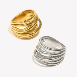 E.B.belle Irregular Woven Winding Closure Ring Waterproof Silver Color 316L Stainless Steel Accessories 18K Gold Plated Jewelry
