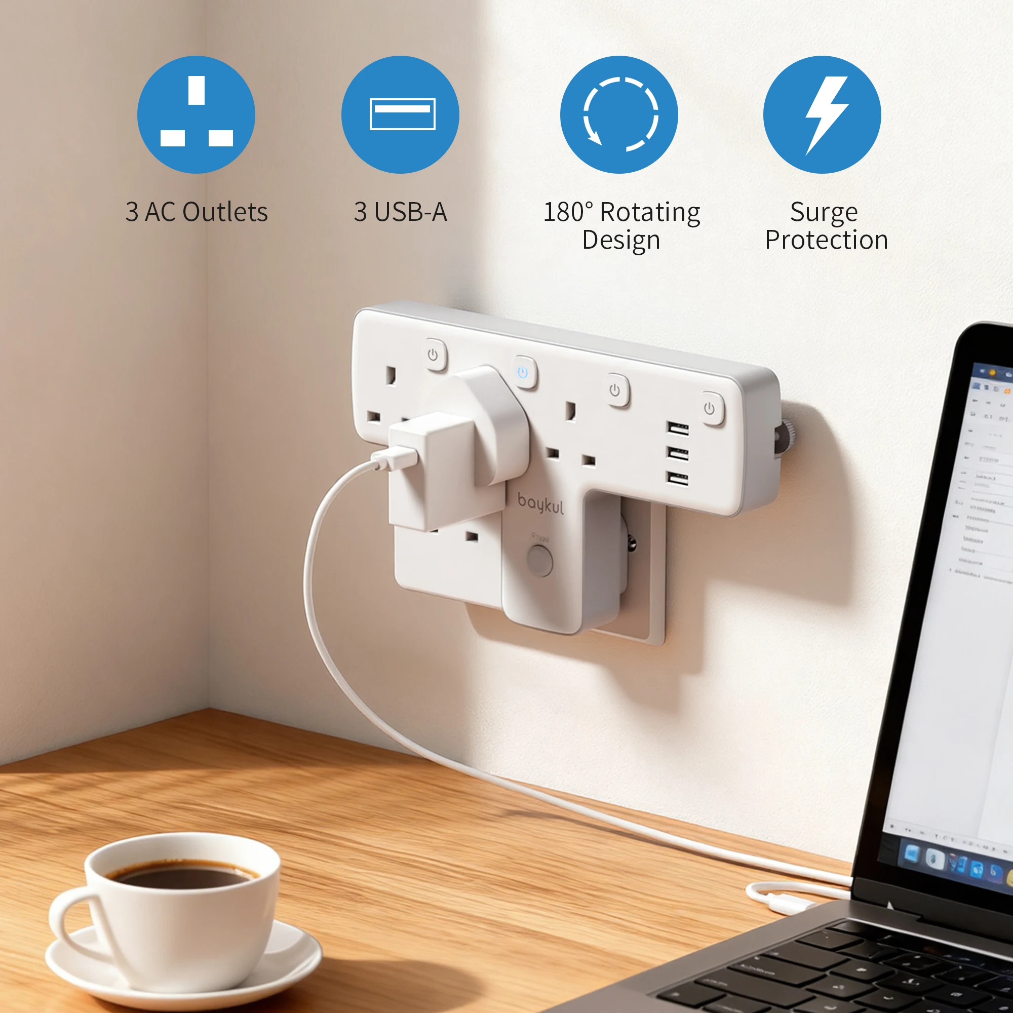 Multi Plug Extension Socket Wall Swivel, 3 AC Outlet 3 USB Ports 3250W 180° Rotating Plug Adapter, Fireproof Overload Protect