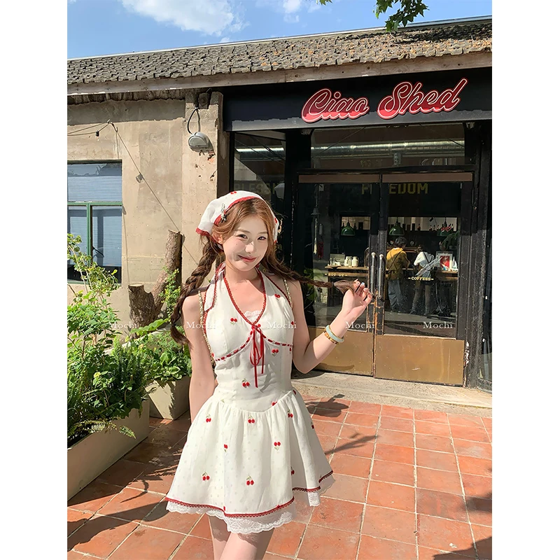 Mexzt doce impressão mini vestido feminino moda festa bonito rendas retalhos halter vestidos de verão y2k coreano decote em v bodycon vestidos