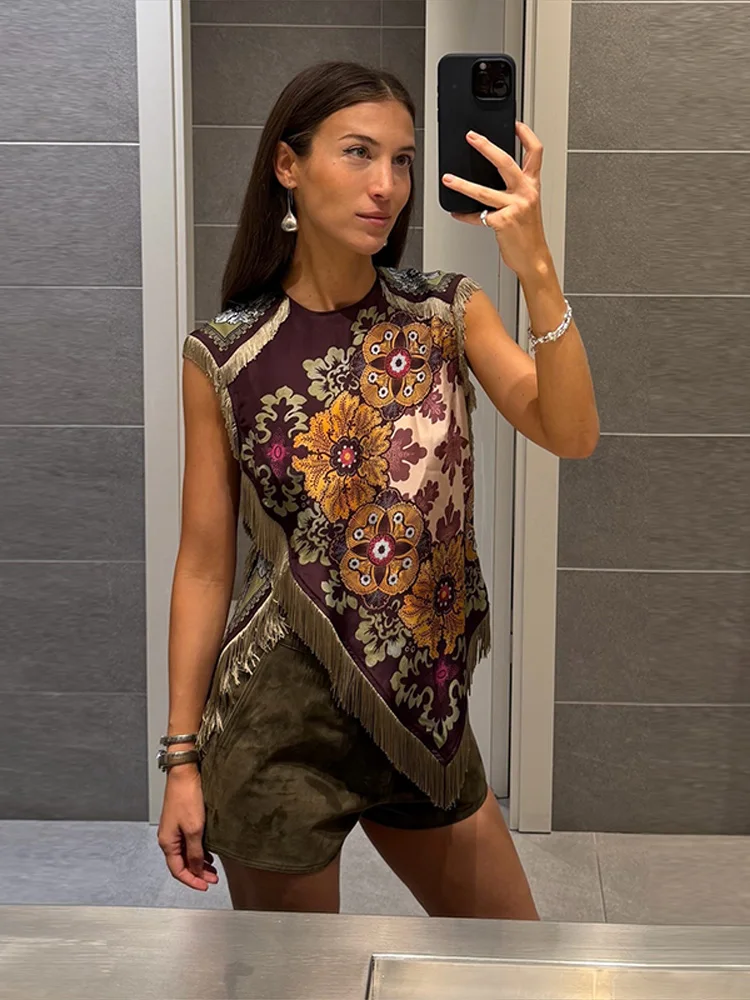 Sexy Printed Women's Top Fringed Sleeveless O-Neck Irregular Split Lady Tops 2026 Summer Autumn Female Holiday Tanks New