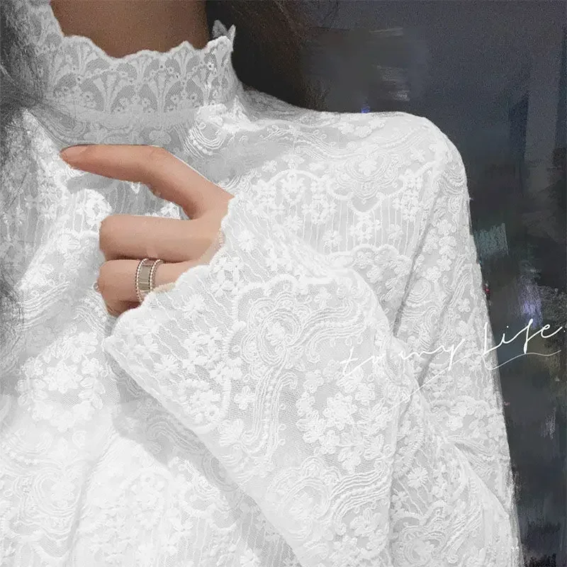 Bluzka damska Koronkowa koszula damska Jesienna koszulka z długim rękawem i golfem Blusas Ropa De Mujer