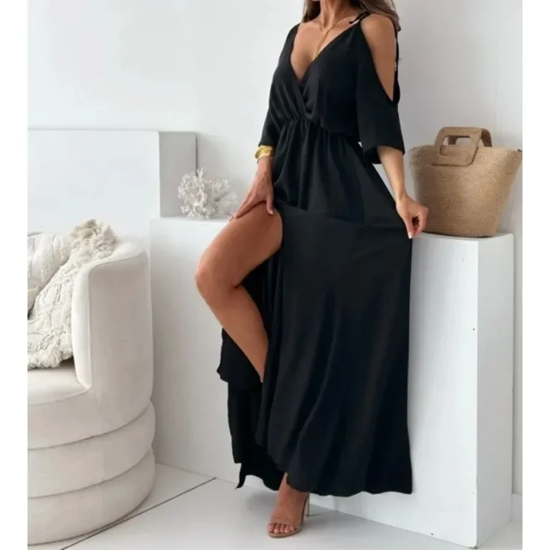 Robe de soirée longue pour femmes, nouvelle collection, tempérament à la mode, décontractée, épaules dénudées, fendue, couleur unie, col en v