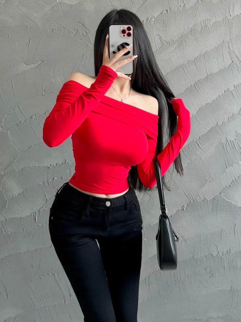 Shoulder Long Sleeved One T-shirt For Sexy Tight Fitting Women, High-end Beautiful Off Shoulder Top Women Tshirt Tees Sweet G12T