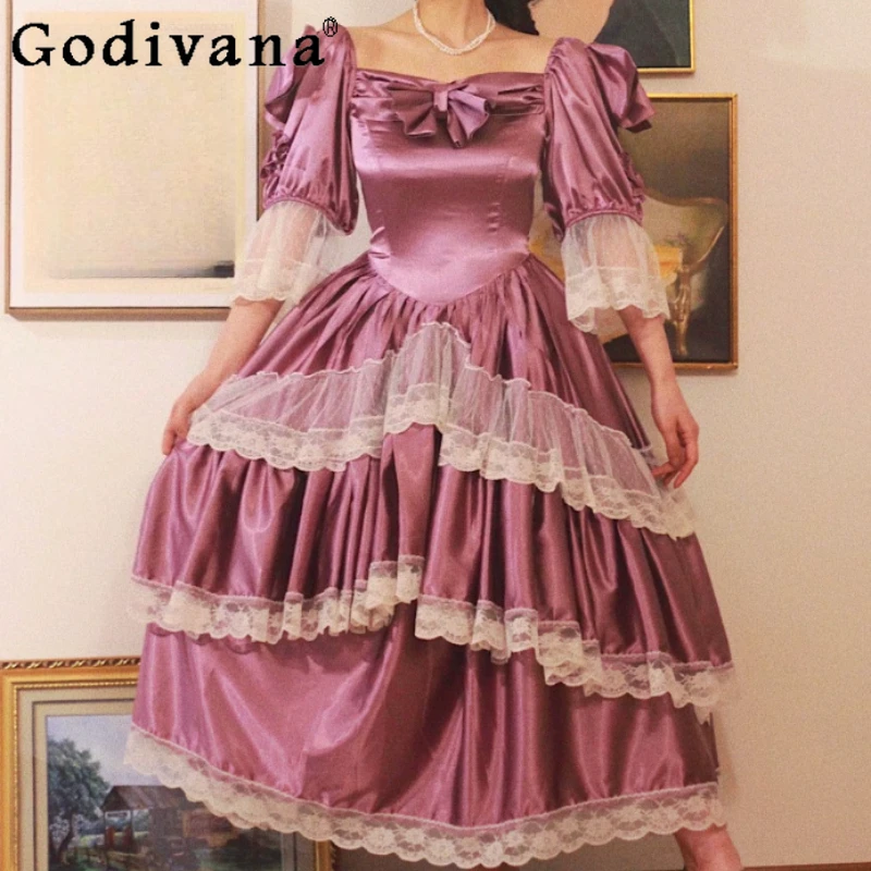 

Elegant Retro Court Vintage Heavy Industry Satin Square Collar Wedding Dress Fashion High Waist A-line Cake Princess Dresses