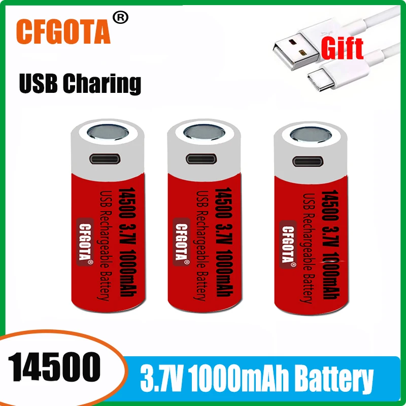 

New 3.7V 14500 Battery USB Fast charging 14500 Lithium-ion Battery 1000mAh AA rechargeable Battery LED Flashlight Remote Control