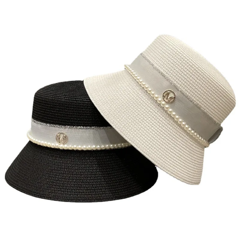 

Women Hat Hallyu Pearl M Letter Panama Beach Hat Women's Spring and Summer Fashion Bucket Hat Chapeu Panama Feminino