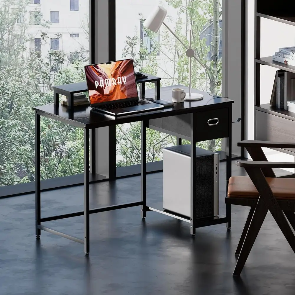 39 Inch Computer Desk with Monitor Stand Small Home Office Desks with Non-Woven Storage Drawer for Bedroom Study Table Writing a