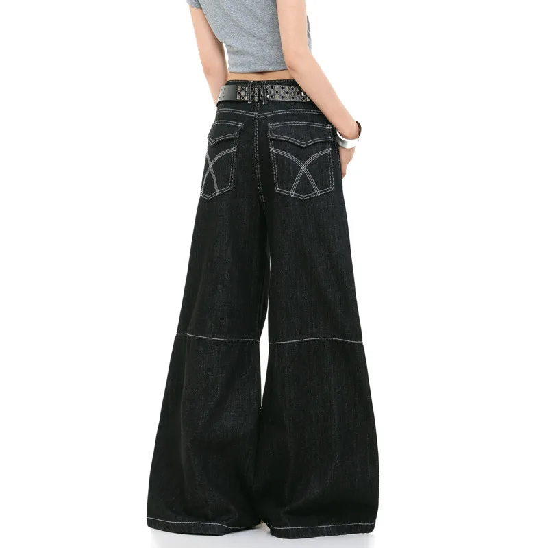 ANJY Spring Autumn New Women Dark Style Y2K Punk Heavy Rivet Casual Jeans Stylish Niche Design Trend Wide Leg Denim Pants A24307
