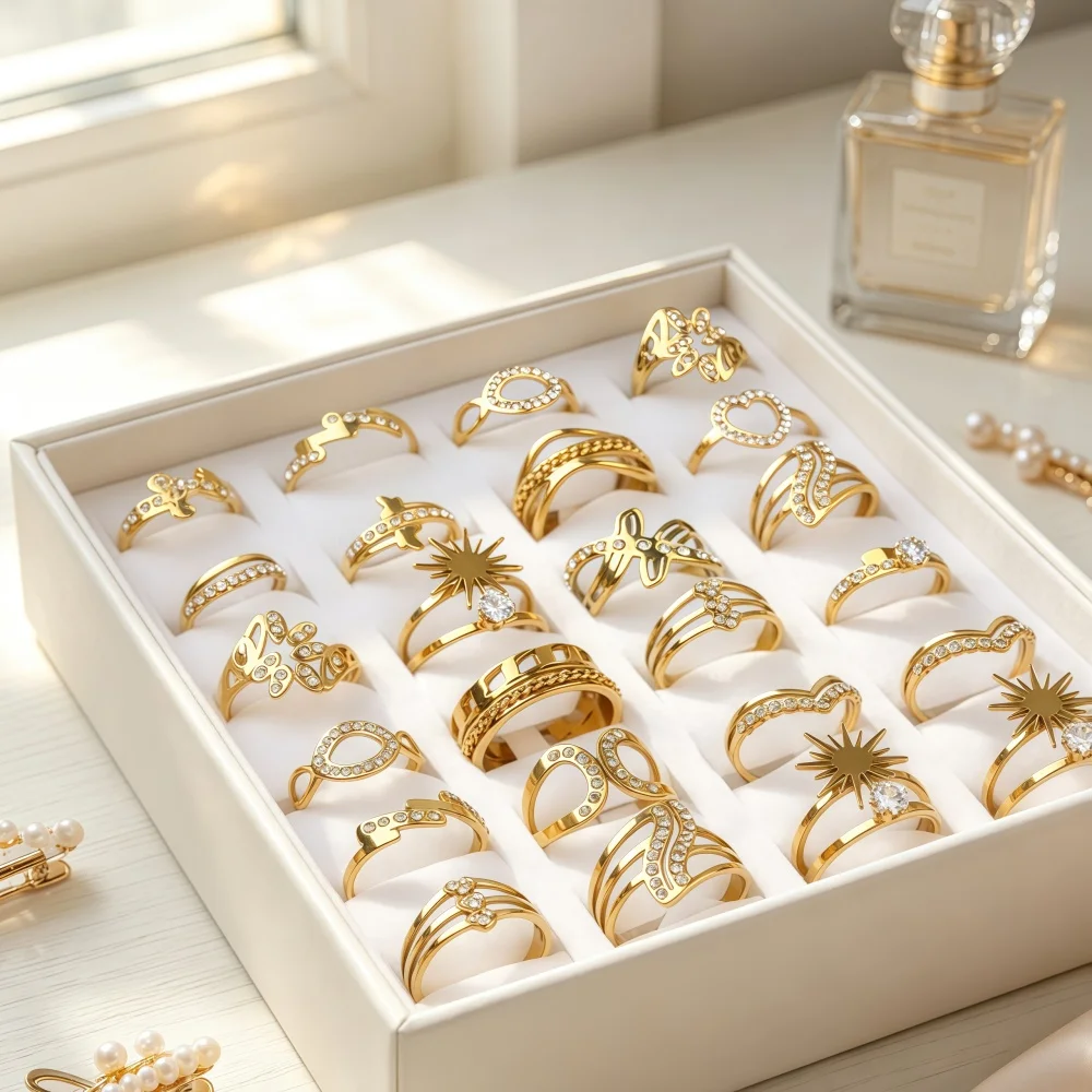 13/26/39Pcs/Lot Fashion Elegant Shiny Rhinestone Stainless Steel Rings Women Men Mix Style Jewelry Gift For Gatherings Daily Use