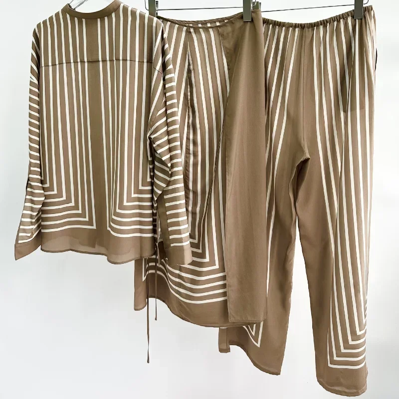 Fashion Casual Suit New Taupe Striped Silk Blouse Shirt Wide Leg Pants Sets Women