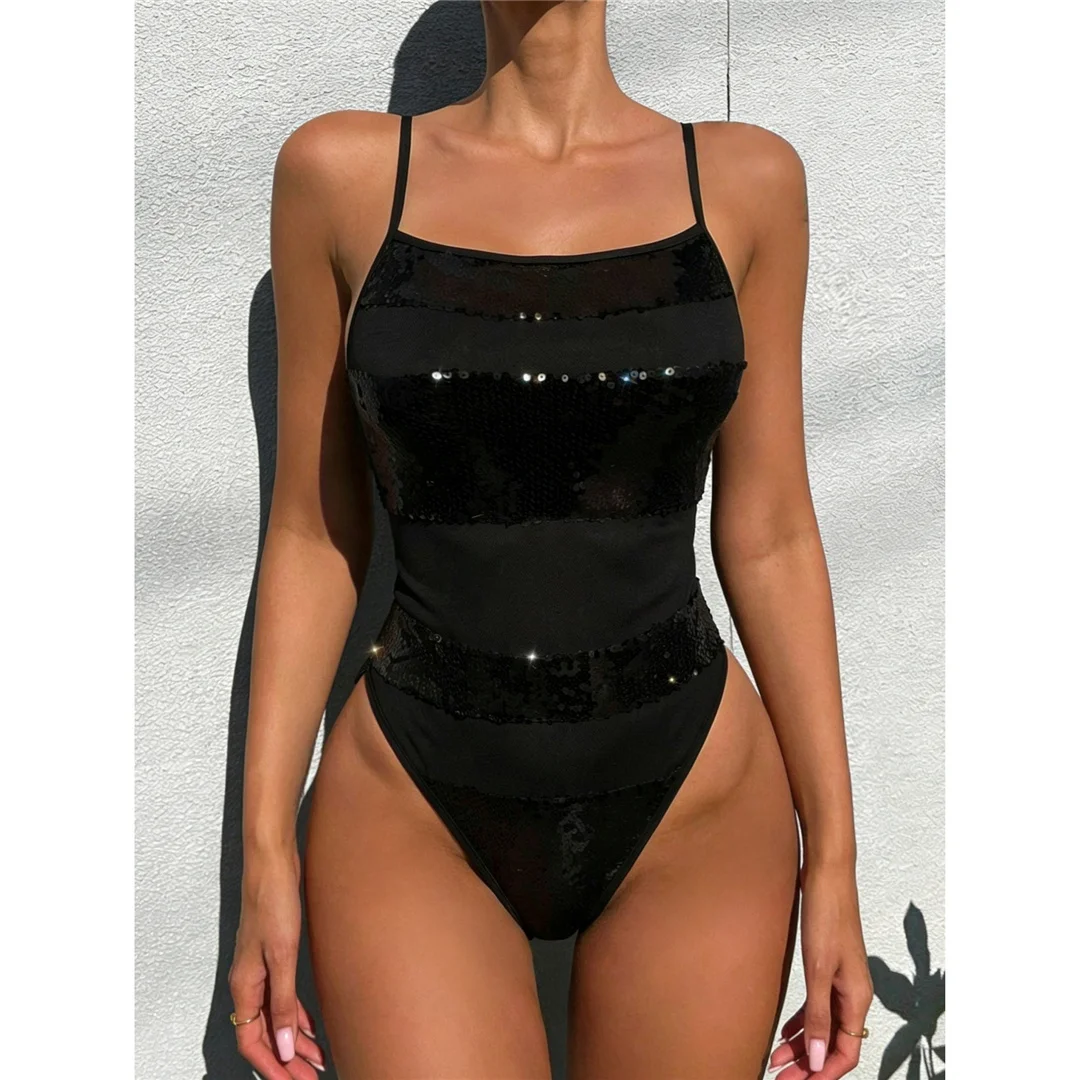 Glitzernde Pailletten, Damen-Badeanzug, einteiliger Badeanzug, weiblicher Badeanzug mit hohem Beinausschnitt, Monokini, gepolsterter Badeanzug, Badebekleidung, Badeanzug V8328 – Detail 2