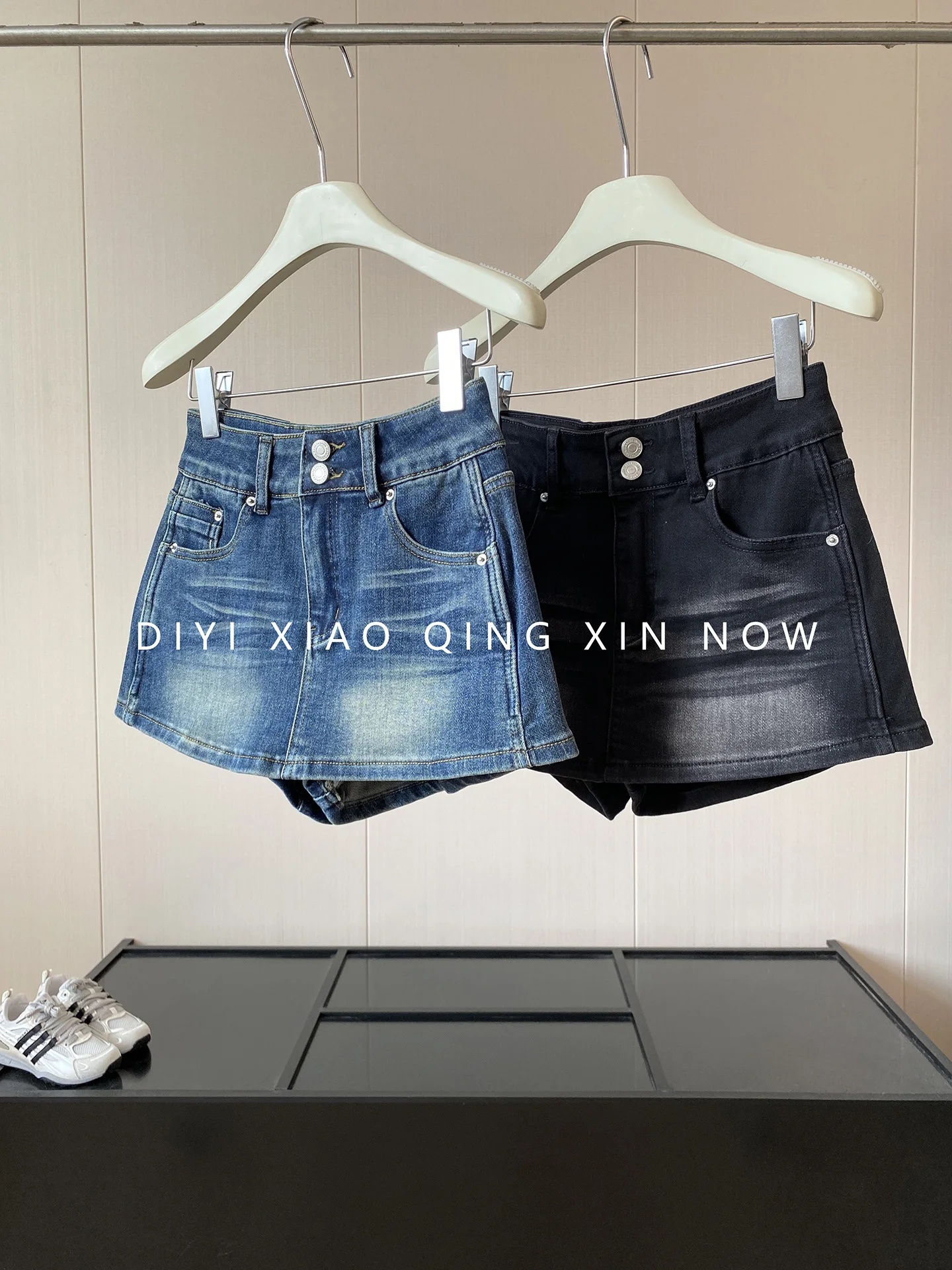 High Waist Double Buckle Denim Skirt Pants Women's Autumn Spicy Anti-Light Wide Leg Pants Retro Faded Slimming Shortie Skirts