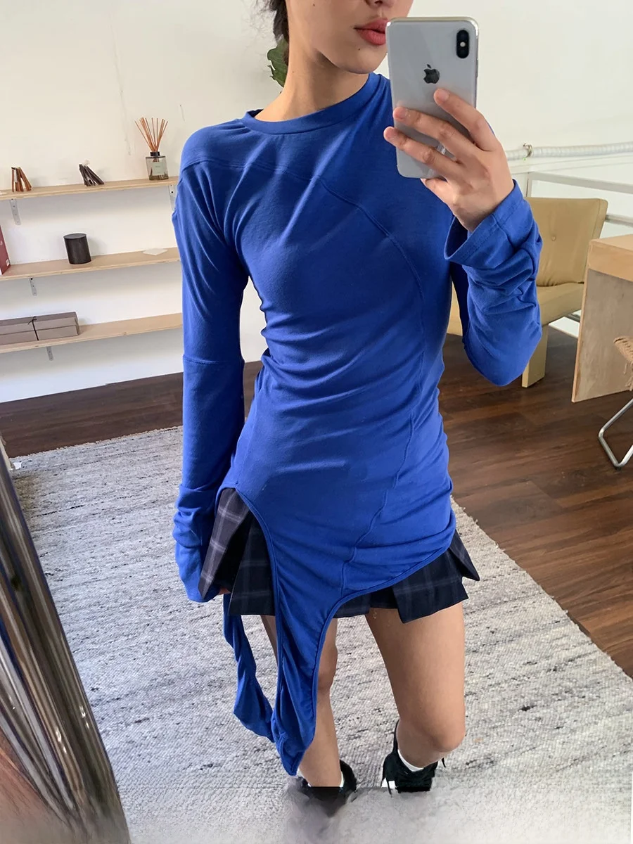 Gogo Burn Blue Long Sleeve round Neck T-Shirt Women's Base Layer Top Asymmetrical Design Comfortable Fit Premium Feeling
