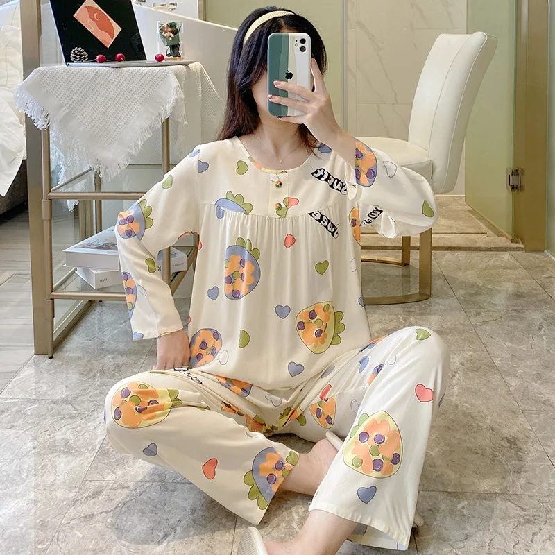 Printed Women\'s Home Clothes Sexy Crewneck Long-Sleeved Trousers Two-Piece Set Sleepwear Loose Casual Loungewear Pajamas Suit