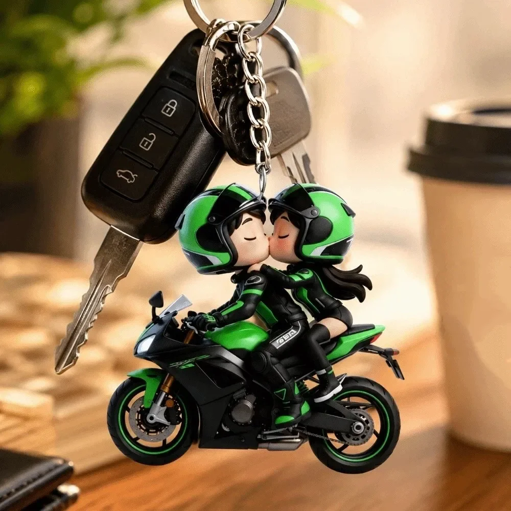 Artwork Style 2D Flat Motorcycle Keychain Acrylic Decoration Couple Keychain Funny Mini Design Locomotive Men Pendant Key Decor