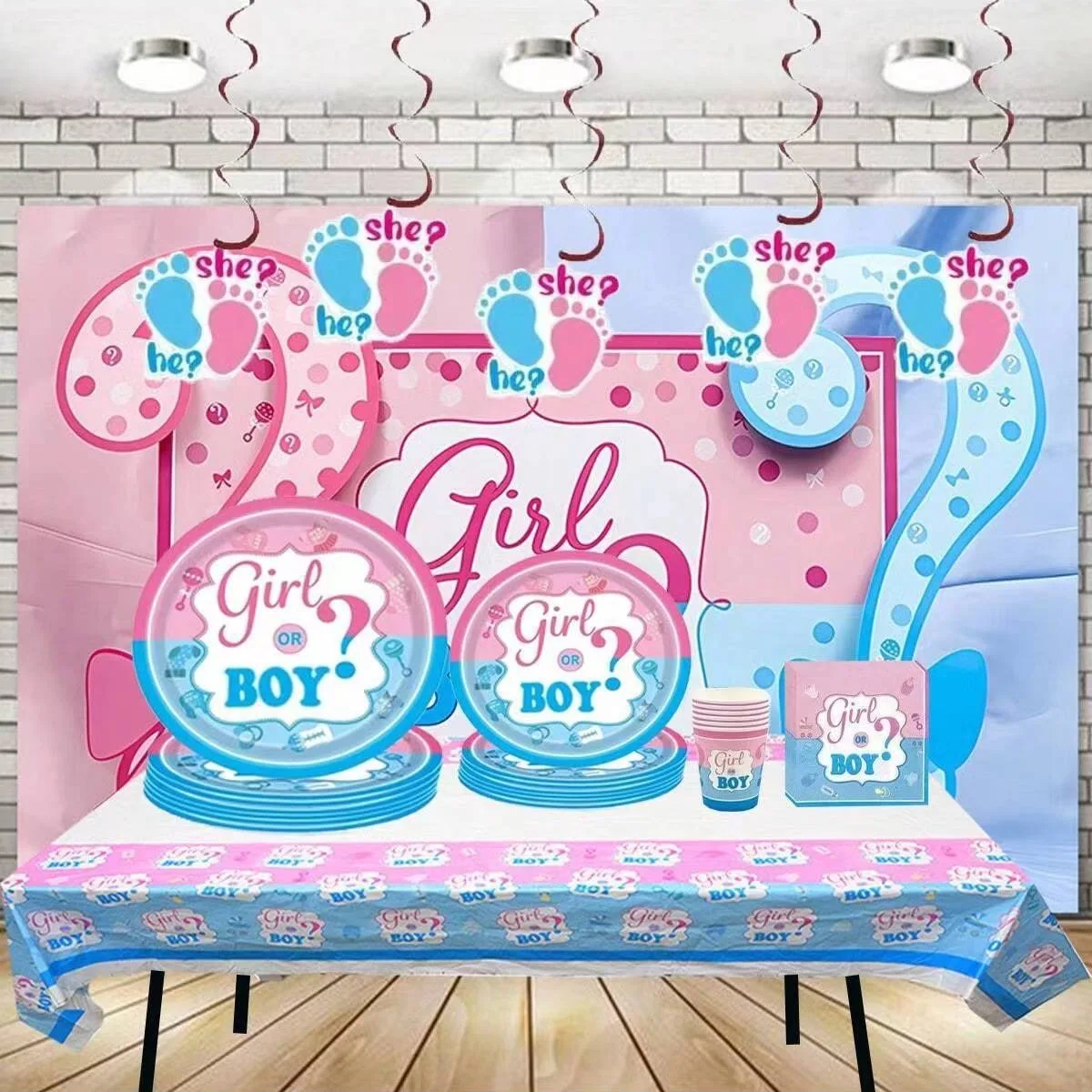 Gender Reveal Baby Party Decorations Disposable Tableware Boy or Girl Baby Shower Plates Cups Straw Latex Balloons Bag Backdrop