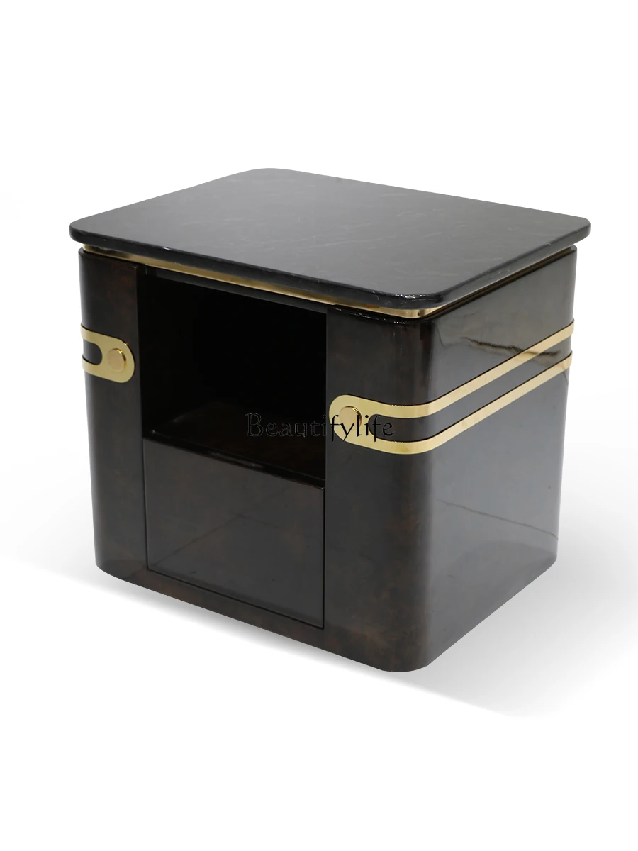 

Light luxury marble lacquered wood grain Italian bedside table Simple all solid wood bedside table