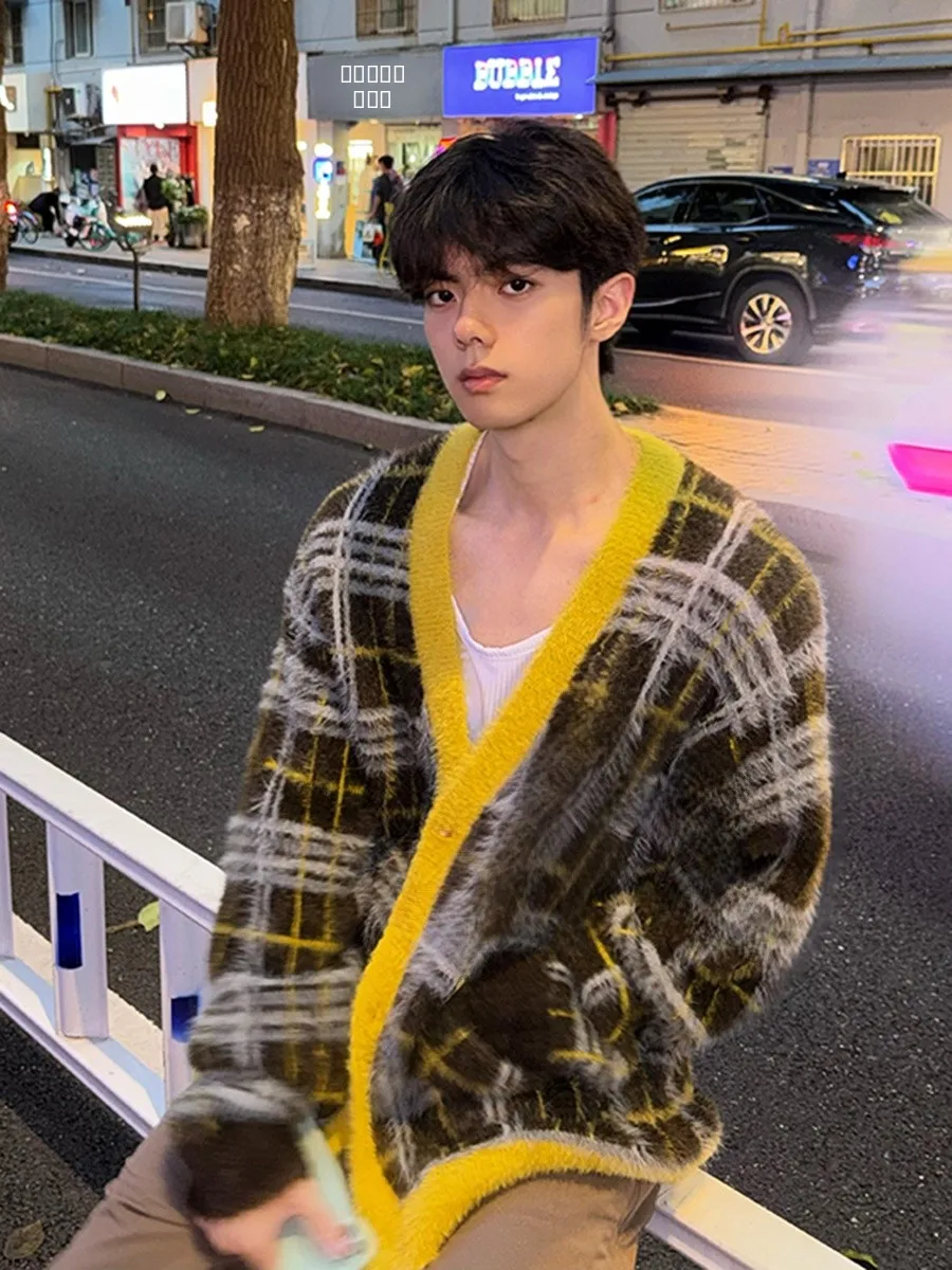 

Мужской вязаный кардиган свободного кроя с V-образным вырезом, осенне-зимний, в стиле колор-блок, повседневный, удобный, с длинными рукавами, верхняя одежда