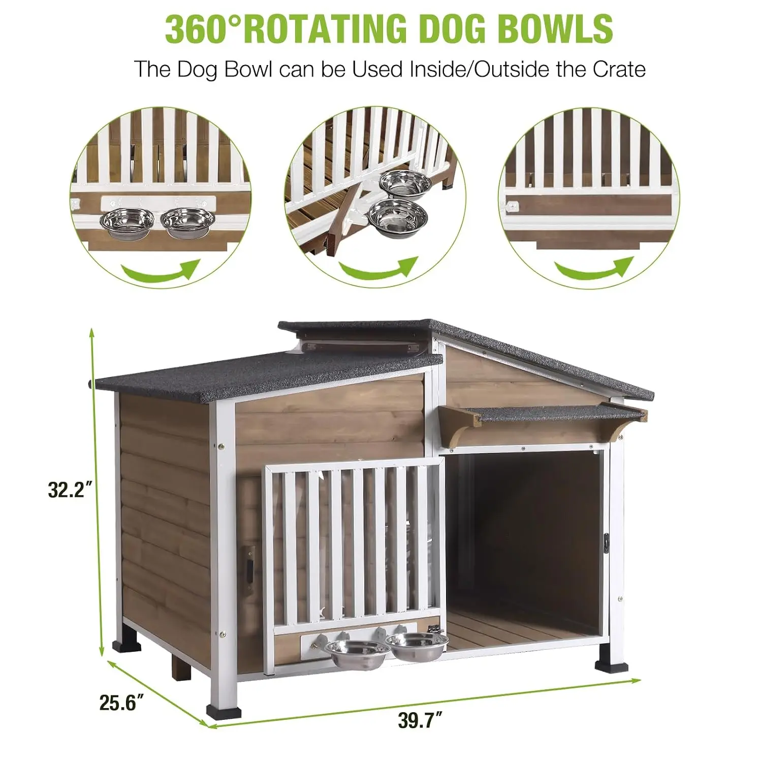 Large Dog House Outdoor Anti-Chewing Iron Frame Weatherproof Kennel 360° Rotating Bowls Small Medium Dogs Outside, Customized