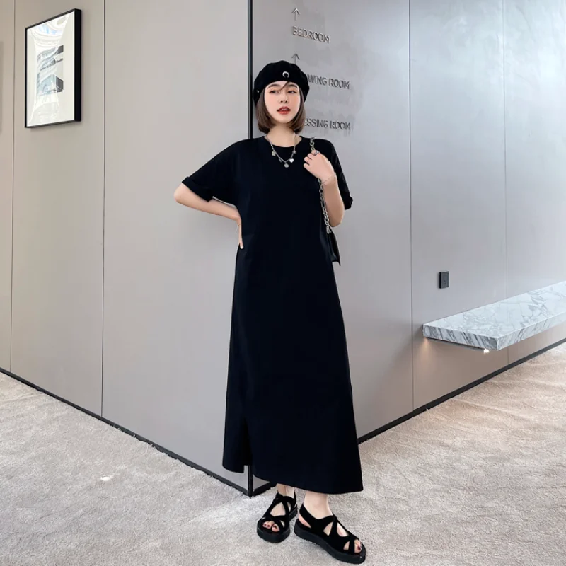 New 2024 Spring Summer Women\'s Dresses Korean Style T-Shirts Dress Black Color Lady Vestido Female Robe Simple Clothing K232